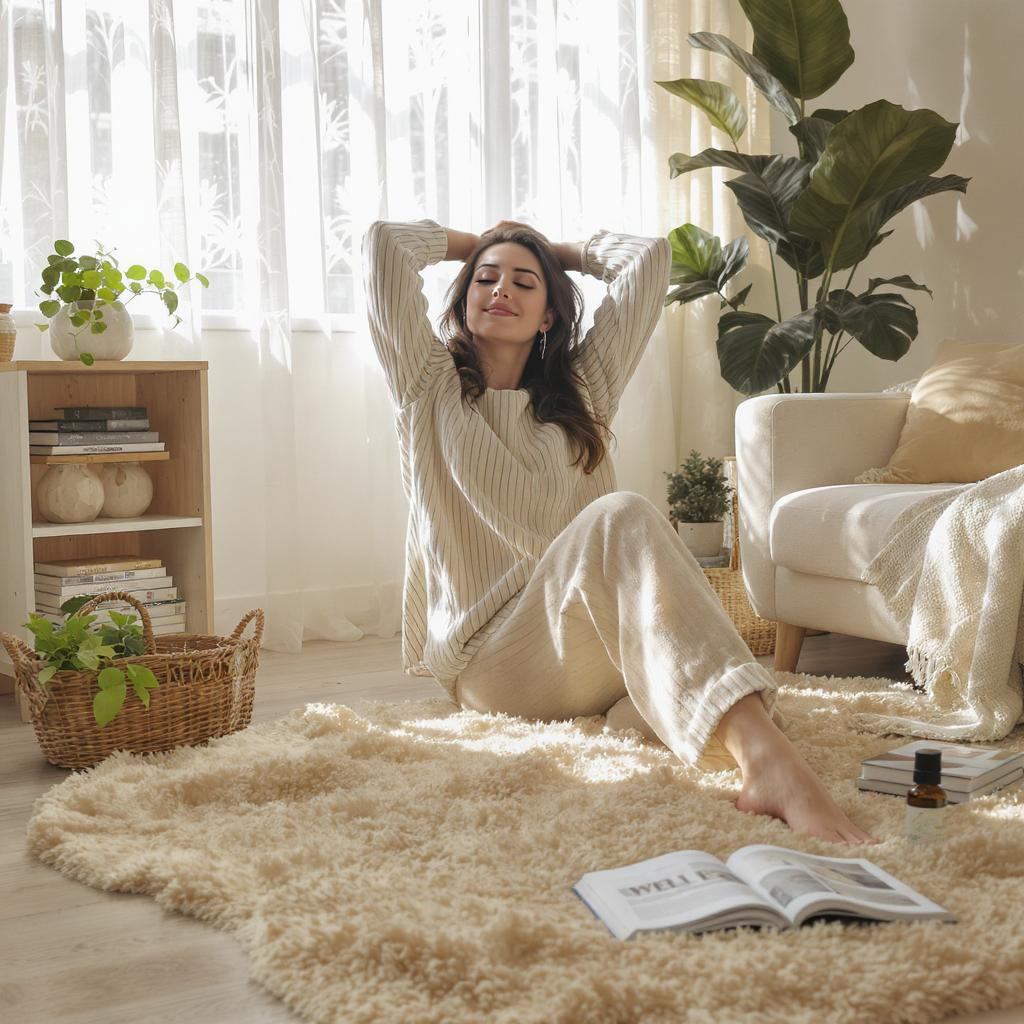 Femme détendue qui médite dans un salon zen entourée de plantes, huiles essentielles et carnet bien-être