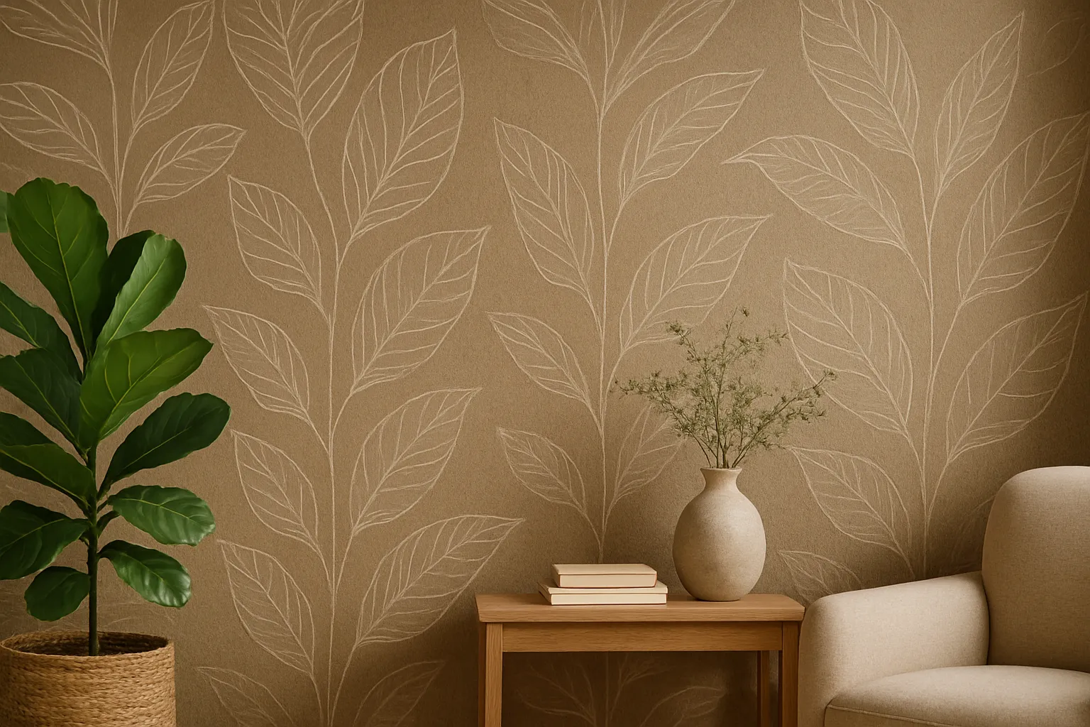 Mur décoré avec un papier peint écologique brun aux motifs de feuilles, avec mobilier en bois clair, plantes vertes et ambiance naturelle apaisante