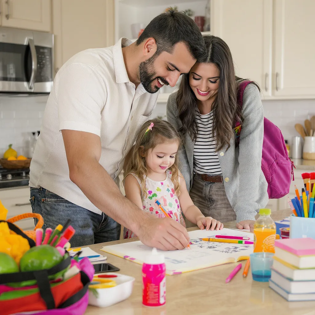 Famille - couple et une fille - organise la rentrée scolaire à la maison avec enfants, devoirs et activités créatives autour de la table.
