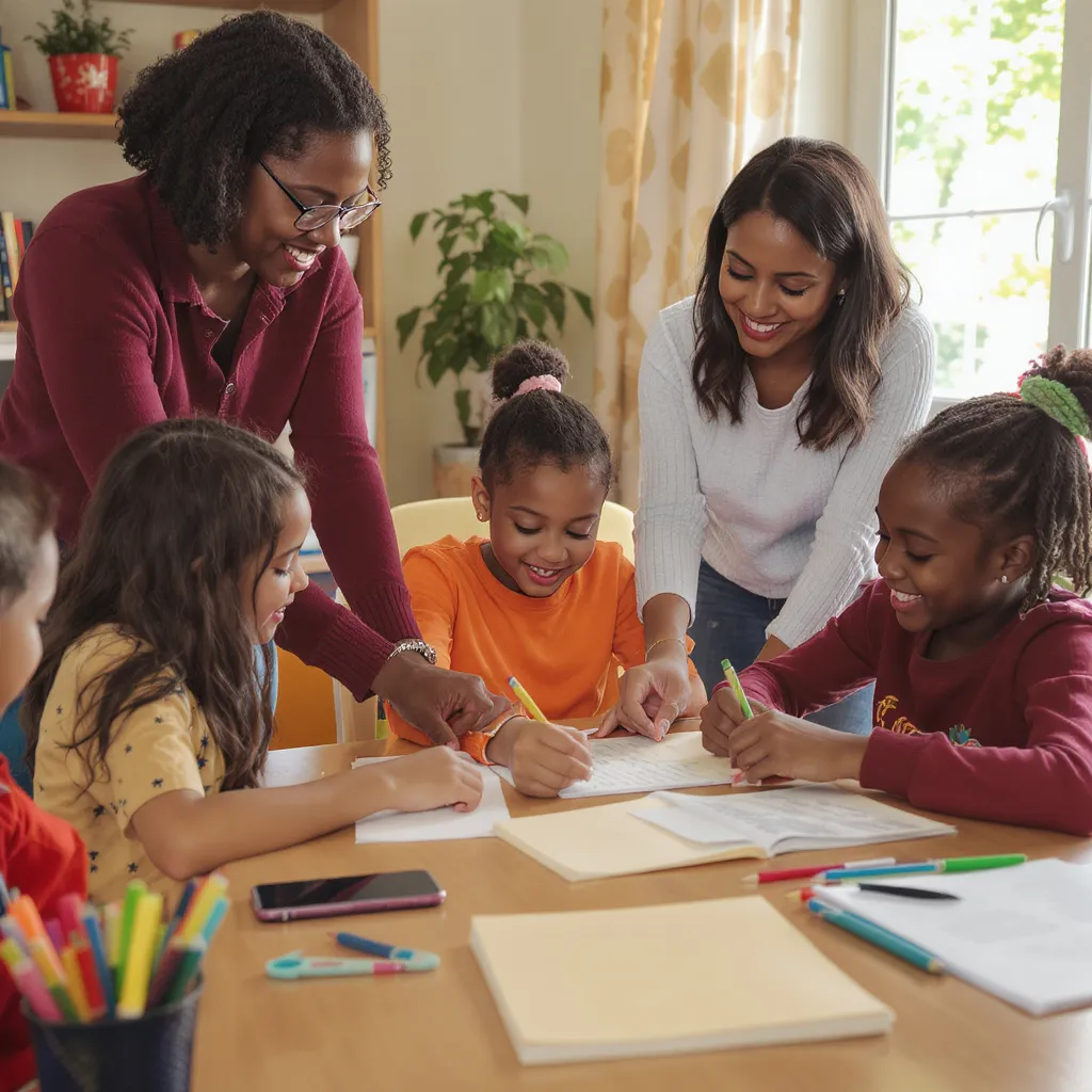 Enseignante aide des enfants à travailler en groupe avec cahiers et fournitures pour réussir la rentrée scolaire.