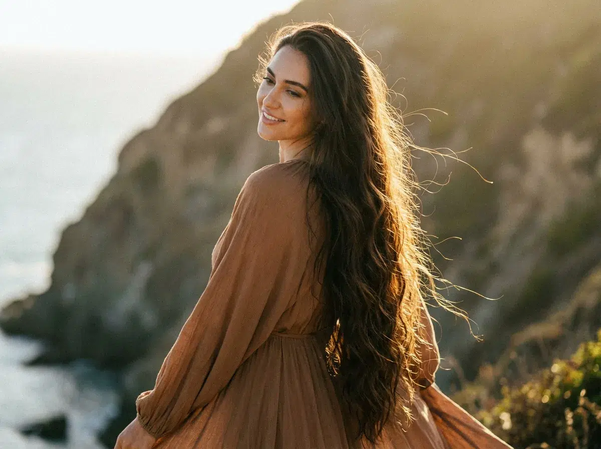 Femme brune avec cheveux très longs ondulés, dégradé subtil, mouvement naturel, lumière arrière