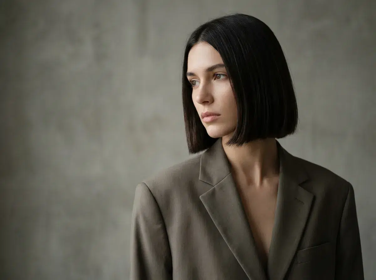 Femme brune avec carré graphique court au menton, lignes nettes, lumière naturelle, fond neutre