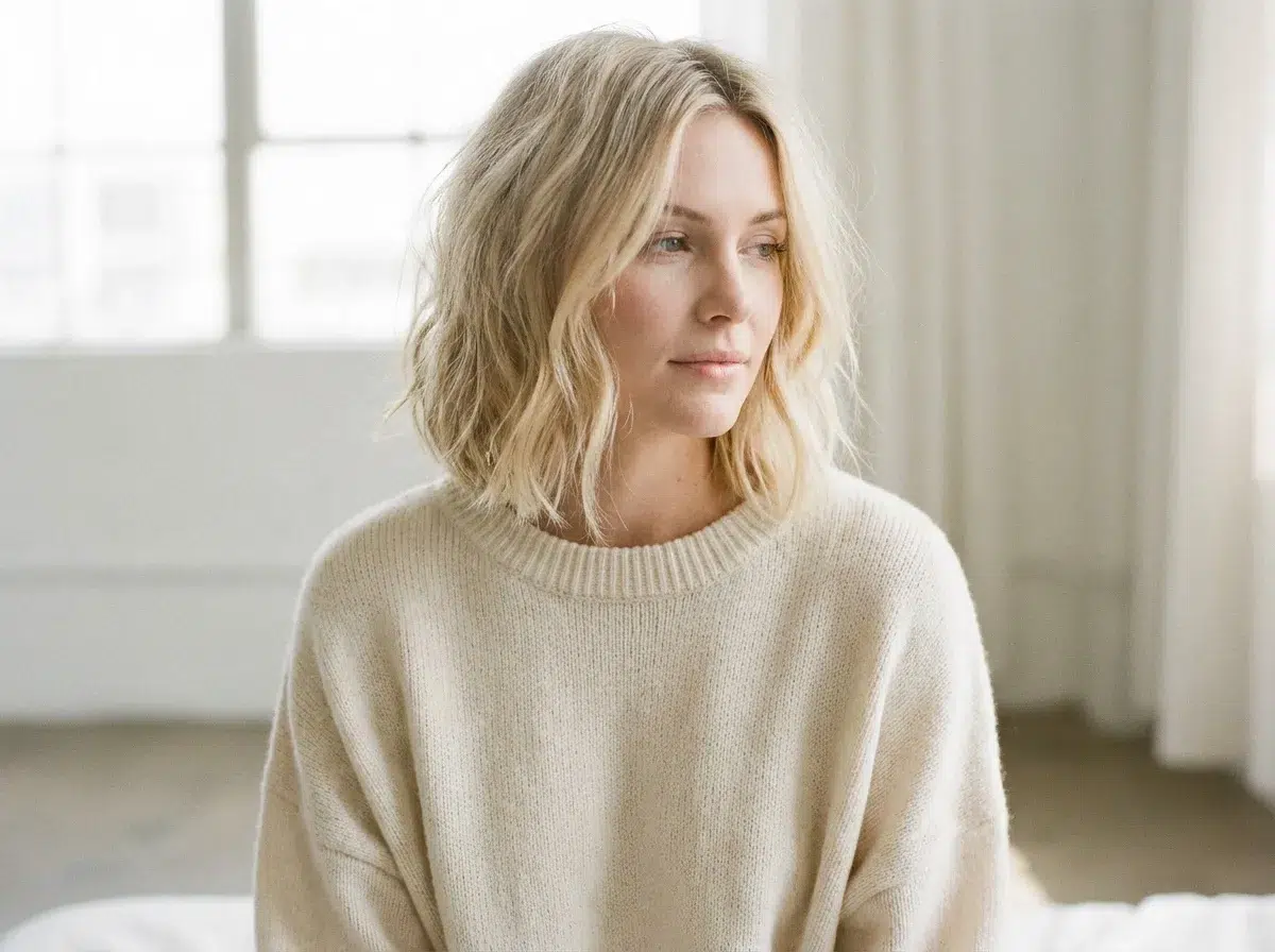 Femme blonde avec Cloud Bob vaporeux, ondulations naturelles, contours arrondis, lumière douce