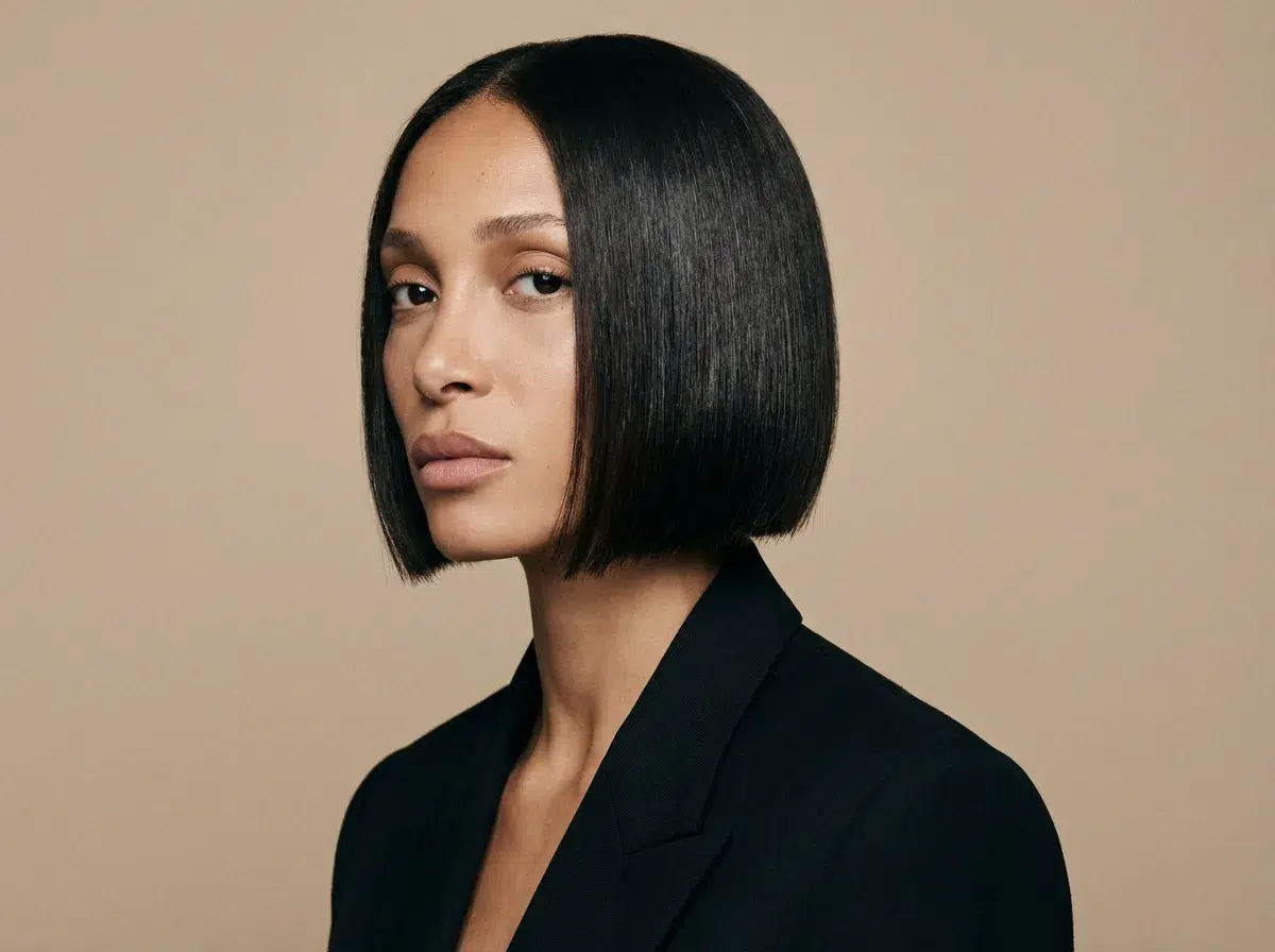 Belle femme mannequin brune avec carré graphique court au menton, blazer à la mode