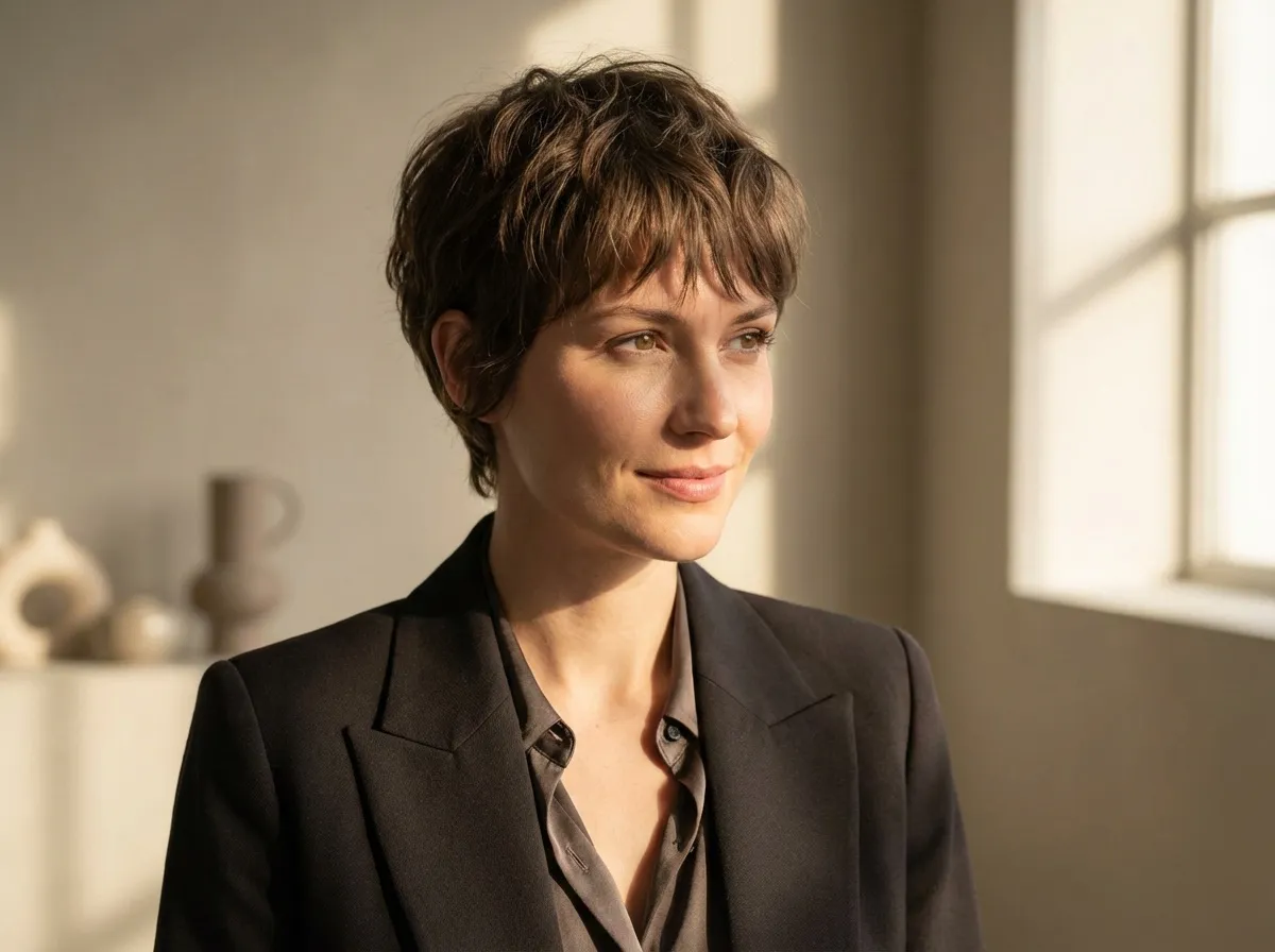 Femme châtain avec pixie adoucie, nuque allongée, mèches sur le front, contours flous