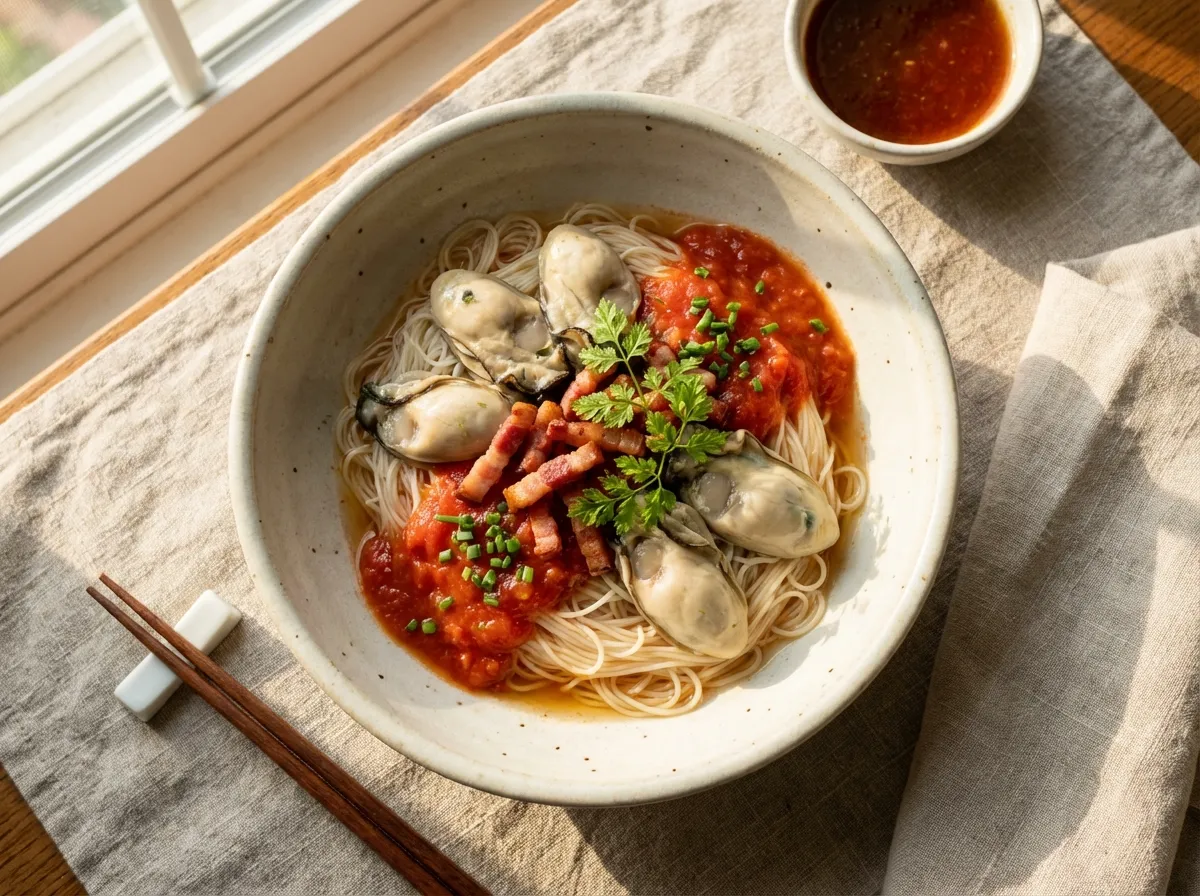 Bol de nouilles somen aux huîtres poêlées, sauce tomate parfumée et lard fumé croustillant, garni de cerfeuil et ciboulette