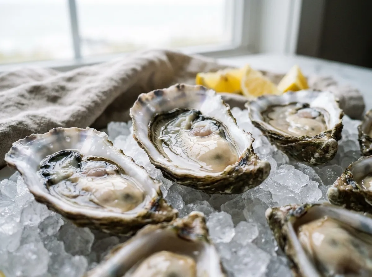Huîtres fraîches ouvertes sur lit de glace pilée, chair nacrée et brillante