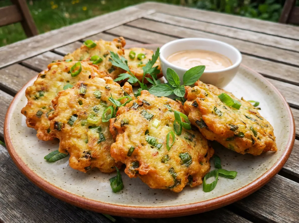 Beignets de légumes aux oignons cébettes dorés servis à l'extérieur
