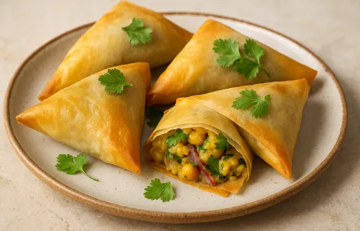 Bricks croustillantes garnies de purée de pois chiches, coriandre fraîche et magret fumé, servies sur une assiette rustique