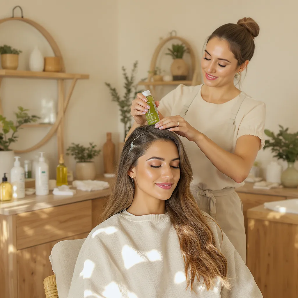 Application d’un soin capillaire naturel dans un salon de coiffure bio, geste doux et respectueux de la fibre capillaire