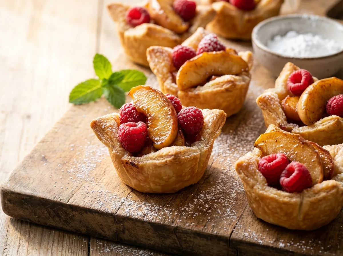 délicieuses croustades pommes framboises sur plan de travail