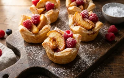 Croustades individuelles aux pommes et framboises, dorées au four, servies sur une planche en bois