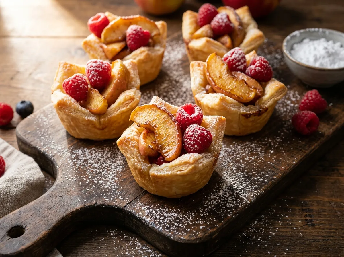Croustades individuelles aux pommes et framboises, dorées au four, servies sur une planche en bois