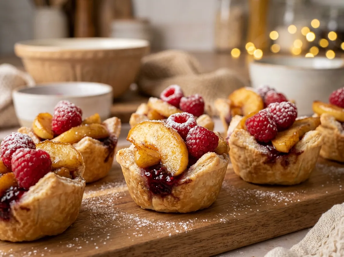 Croustades garnies de pommes caramélisées et framboises avant cuisson au four