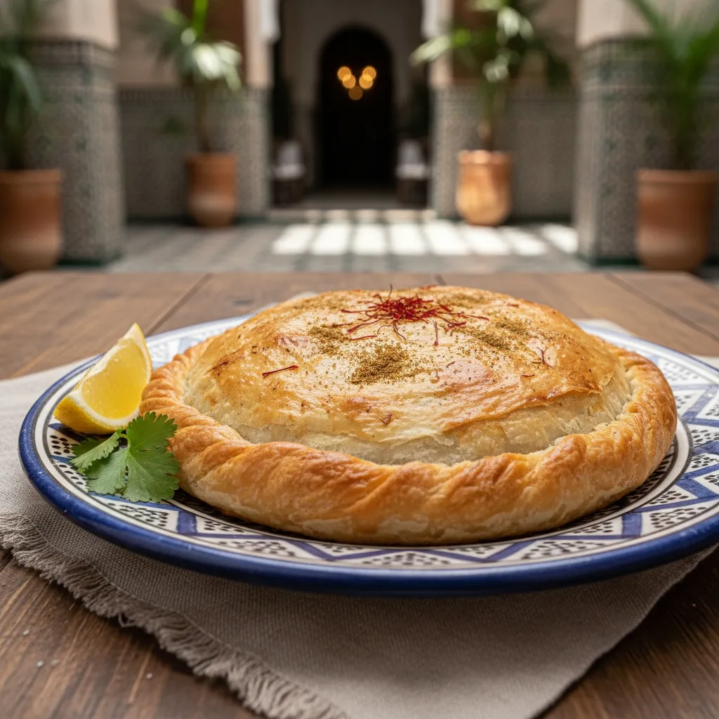 Pastilla de lotte dorée au cumin et au safran, servie avec citron et coriandre fraîche