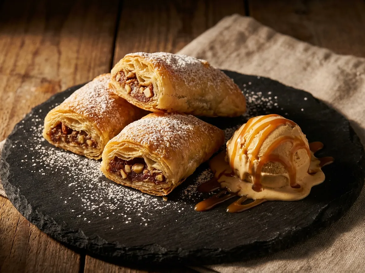 Bonbons de dattes en feuille de brick dorée servis avec une boule de glace au caramel sur ardoise