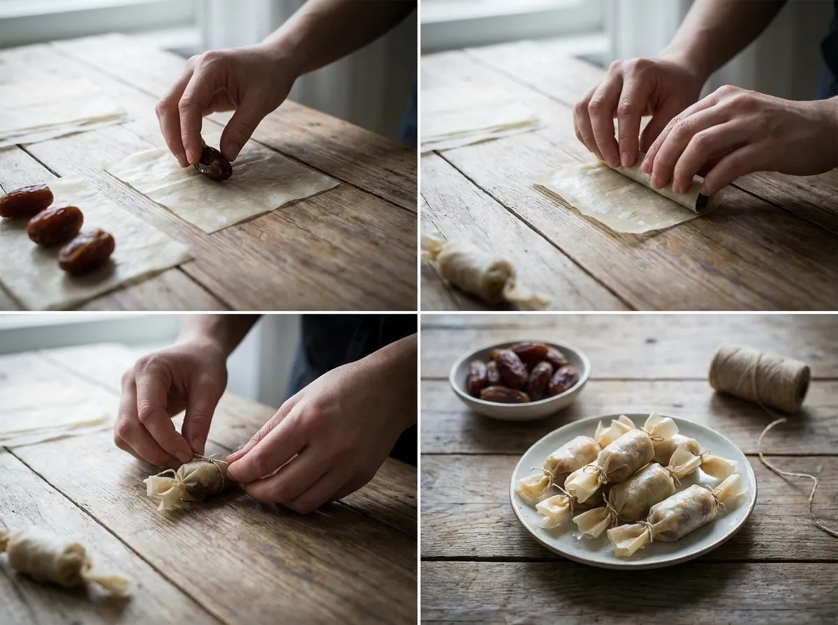 Mains façonnant des bonbons de dattes en feuilles de brick nouées avec de la ficelle alimentaire