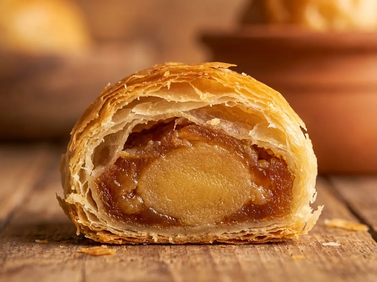 Coupe d'un bonbon de datte en brick révélant la pâte d'amandes à l'intérieur