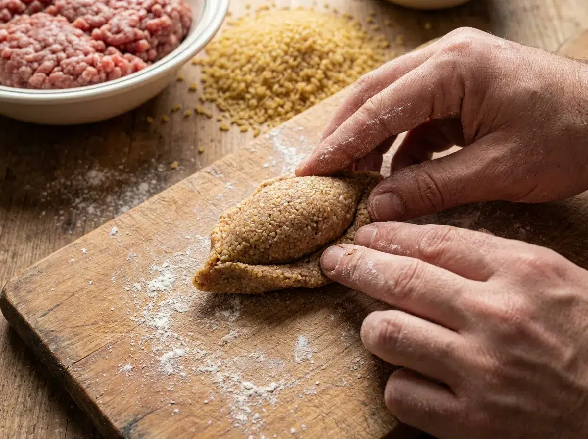 Façonnage des boulettes de kibbeh à la main, forme ovale traditionnelle