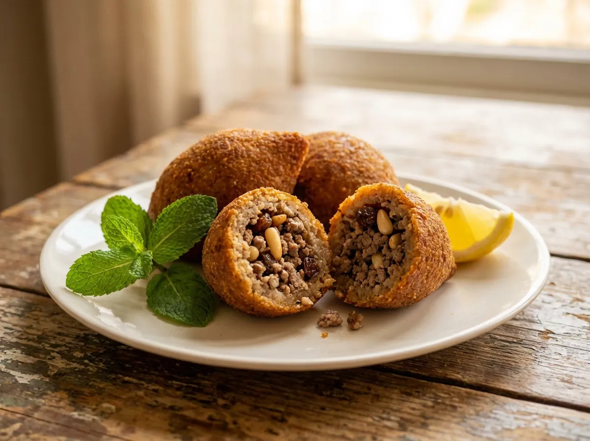 Kibbeh dorés et croustillants servis avec sauce au yaourt et menthe fraîche