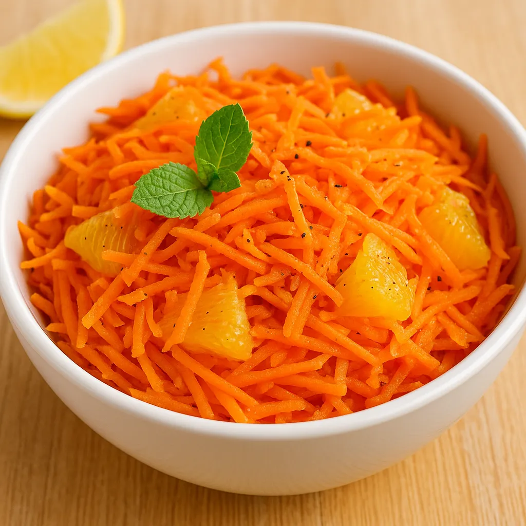 Salade de carottes râpées avec morceaux d’orange, filet d’huile et menthe fraîche, servie dans un bol blanc sur table en bois