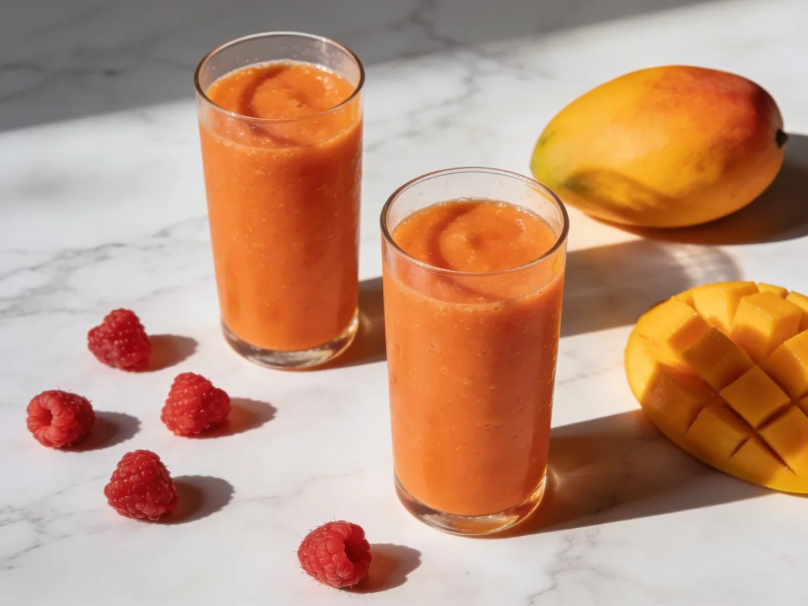 Smoothie bronzage mangue carotte framboises posé sur marbre blanc