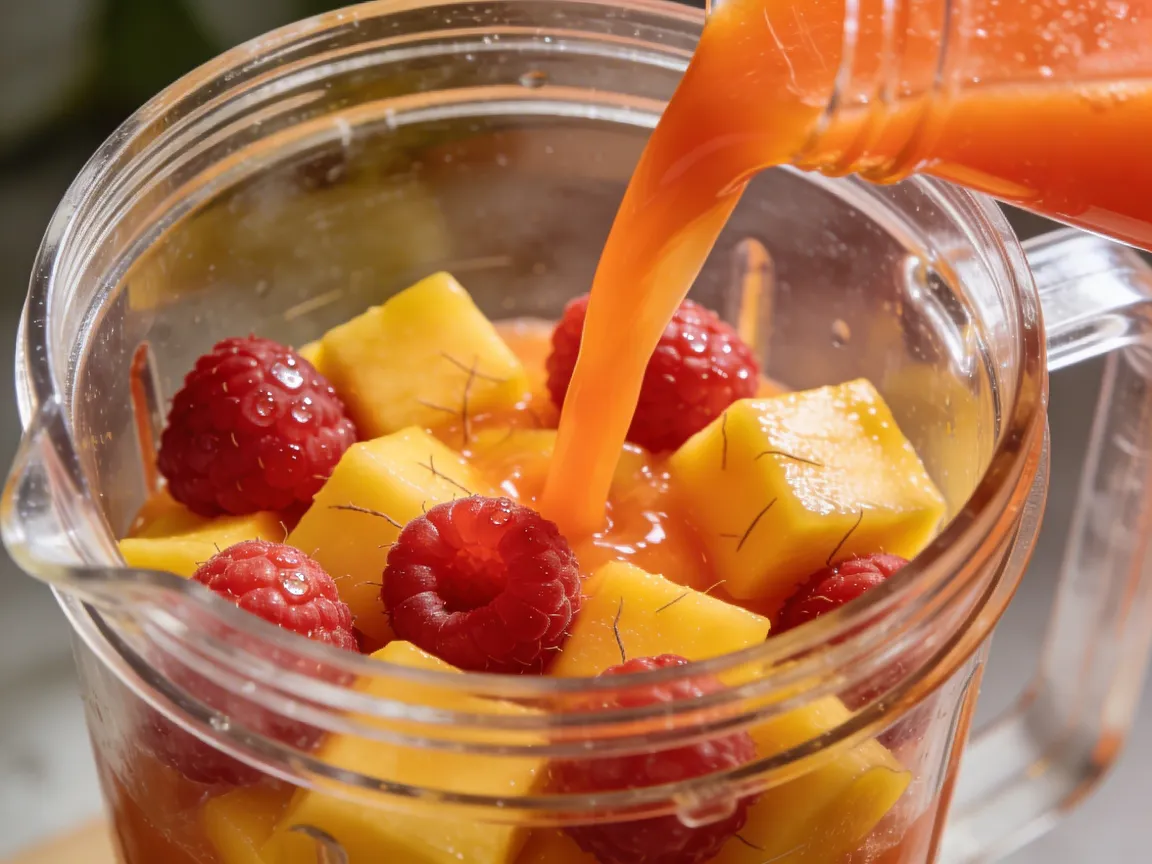 Jus de carotte versé dans un blender avec mangue et framboises pour smoothie bronzage