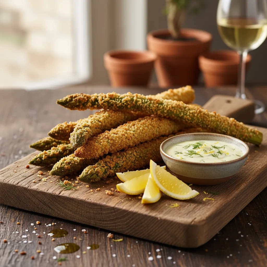 tapas d’asperges panées croustillants servis avec sauce au yaourt citronné sur une planche en bois