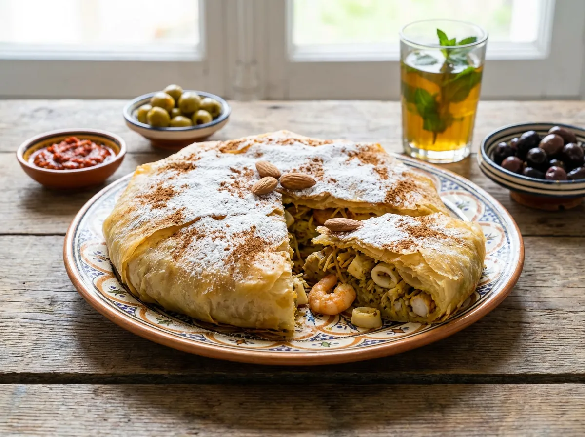 Pastilla aux fruits de mer belle présentation méditerranéenne avec thé à la menthe et fruits secs
