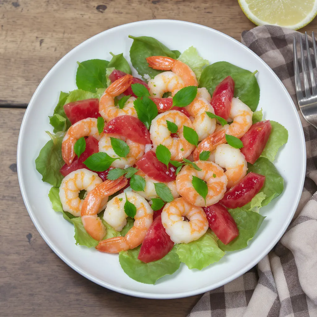 Assiette de salade de crevettes sur lit de laitue, tomates et pamplemousse, agrémentée de coriandre fraîche
