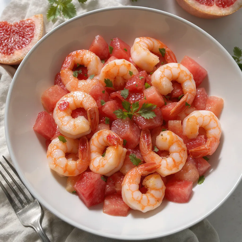 Salade fraîche de crevettes servie avec morceaux de pamplemousse rose, dressée dans une assiette blanche pour une entrée estivale légère