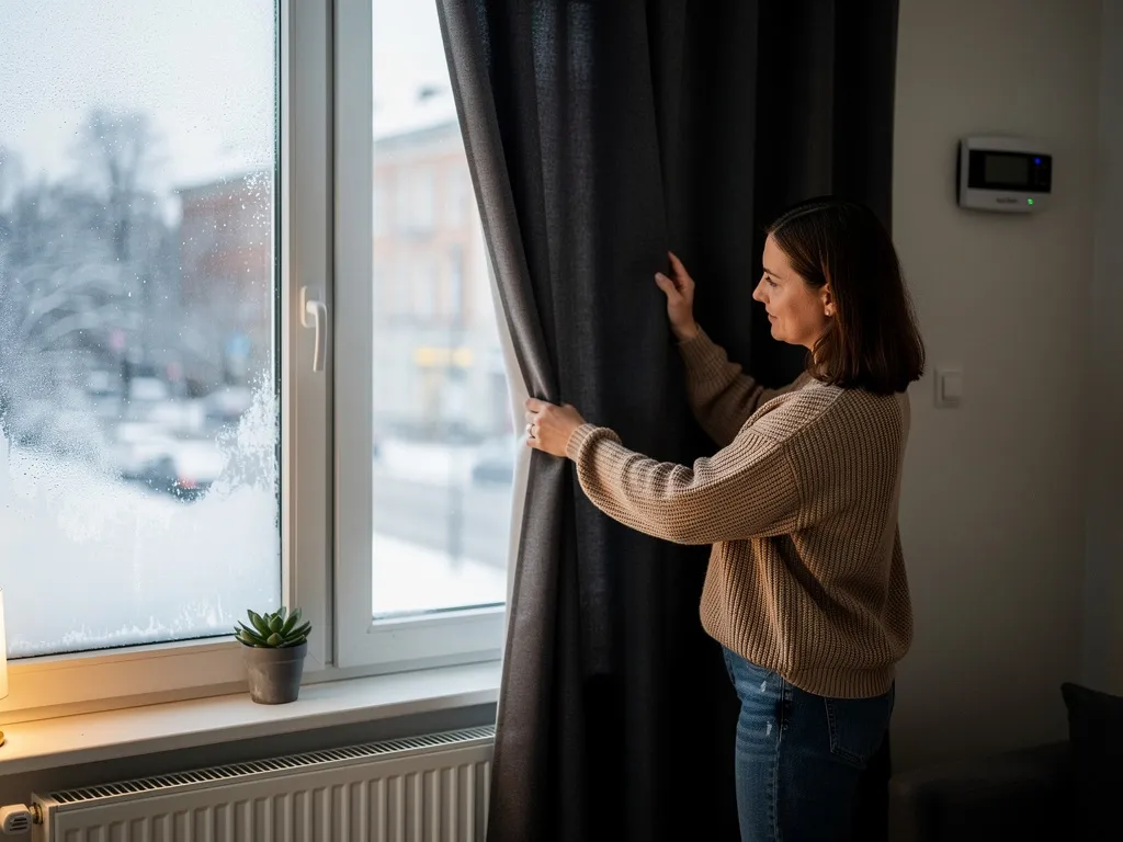 Femme ajustant un rideau thermique pour conserver la chaleur et réduire les dépenses de chauffage en hiver