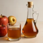Bouteille élégante de vinaigre de cidre avec pommes fraîches sur fond neutre, ambiance naturelle et raffinée