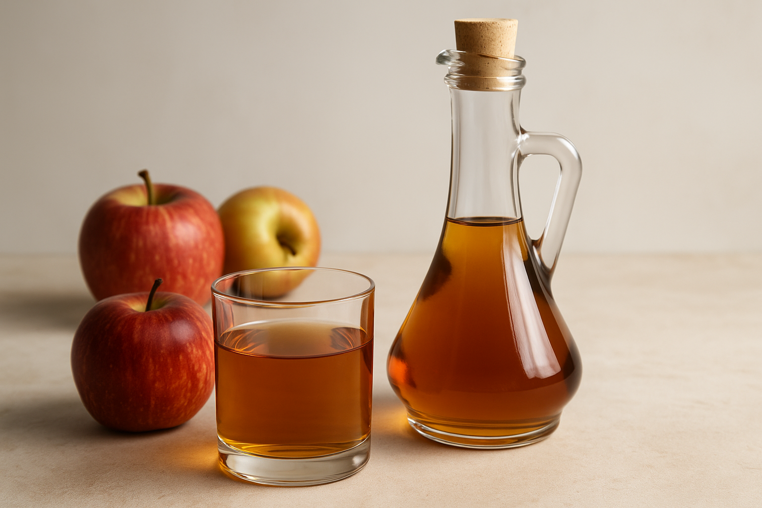 Bouteille élégante de vinaigre de cidre avec pommes fraîches sur fond neutre, ambiance naturelle et raffinée
