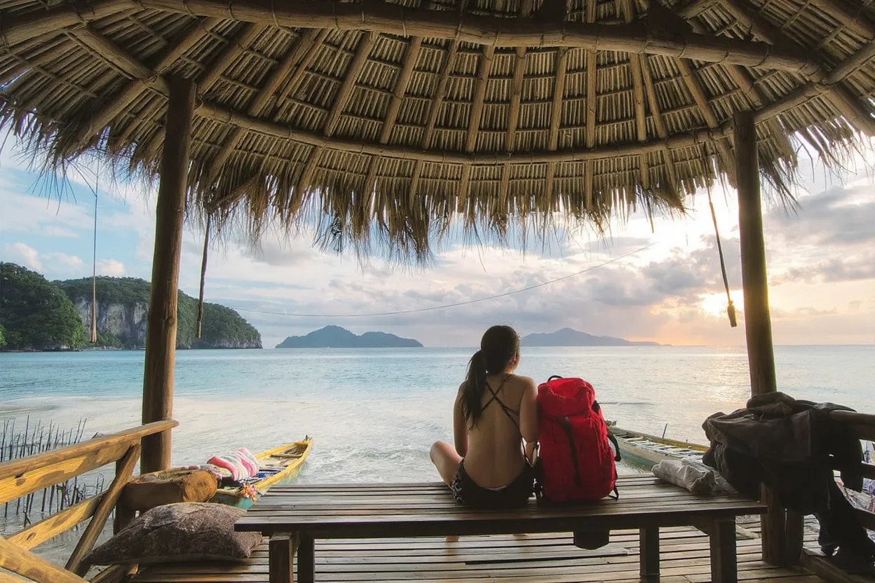 Voyageuse assise sous une hutte en bois face à la mer au coucher du soleil avec sac à dos de randonnée rouge