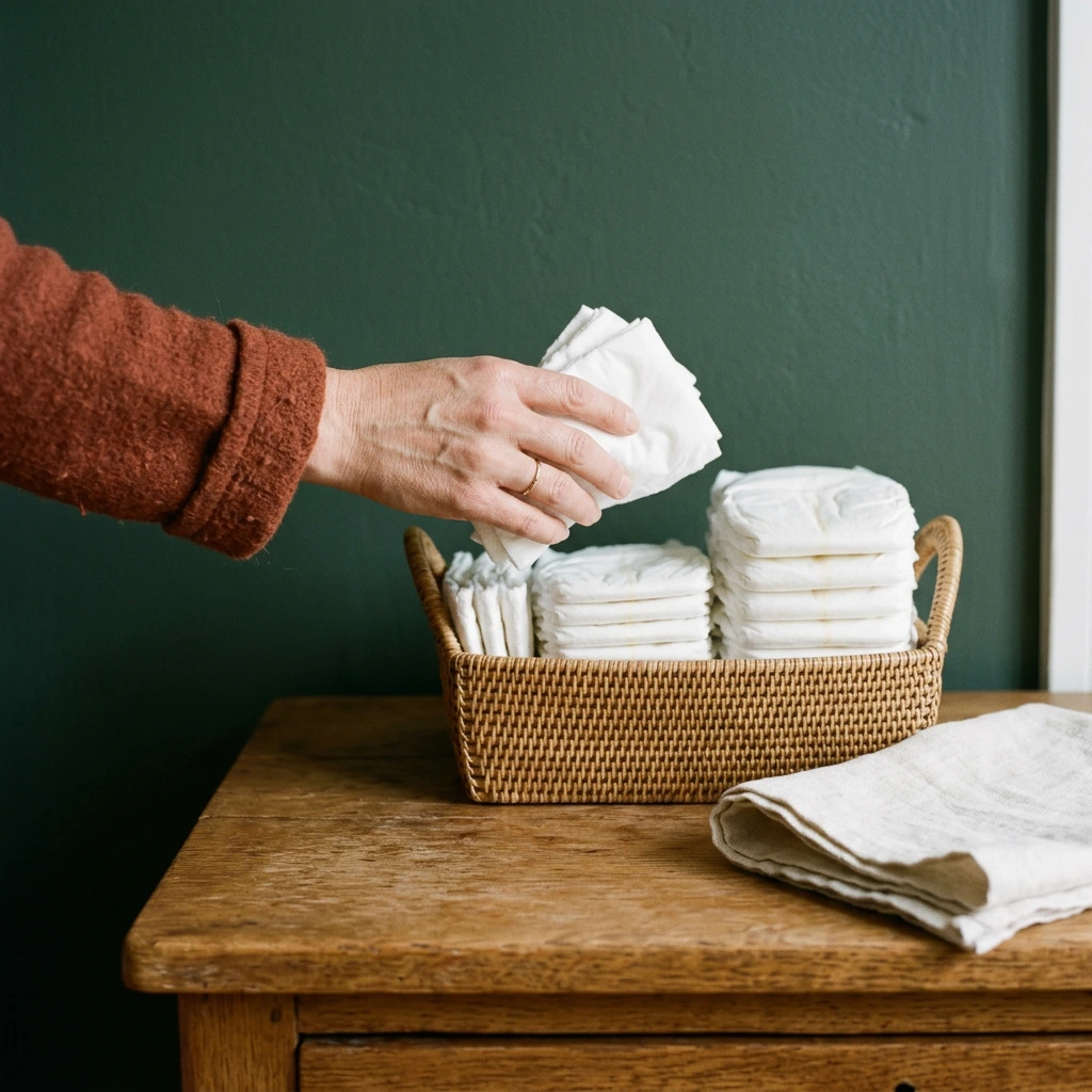 Main de femme rangeant des couches blanches de deux tailles dans un panier tressé posé sur une commode