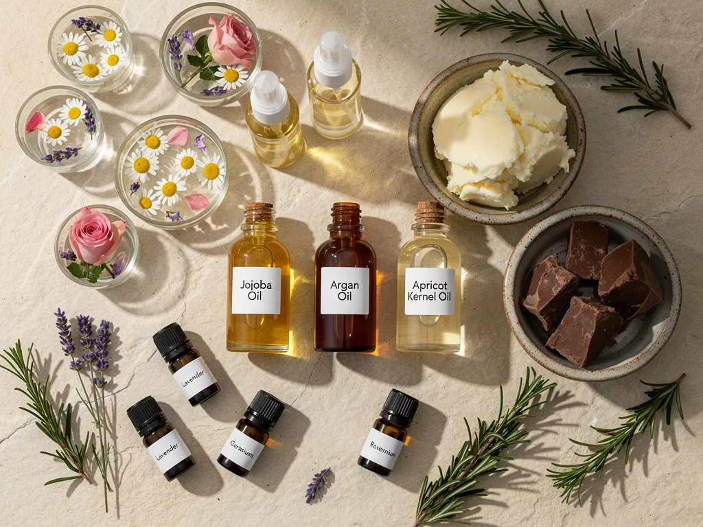 Cosmetiques alternatifs huiles végétales), beurres, eaux florales, extraits de plantes ou huiles essentielles.