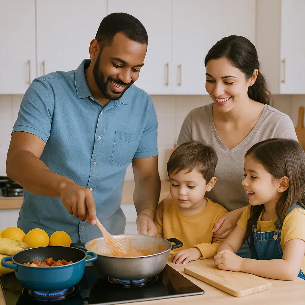 Un père et une mère cuisinent ensemble avec leurs enfants pour leur apprendre le partage des tâches domestiques