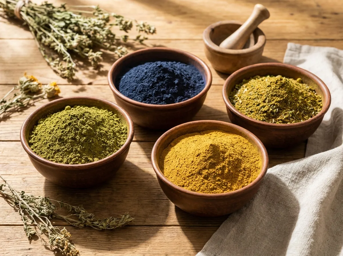 Bols de poudres végétales colorées henné indigo cassia pour coloration naturelle cheveux
