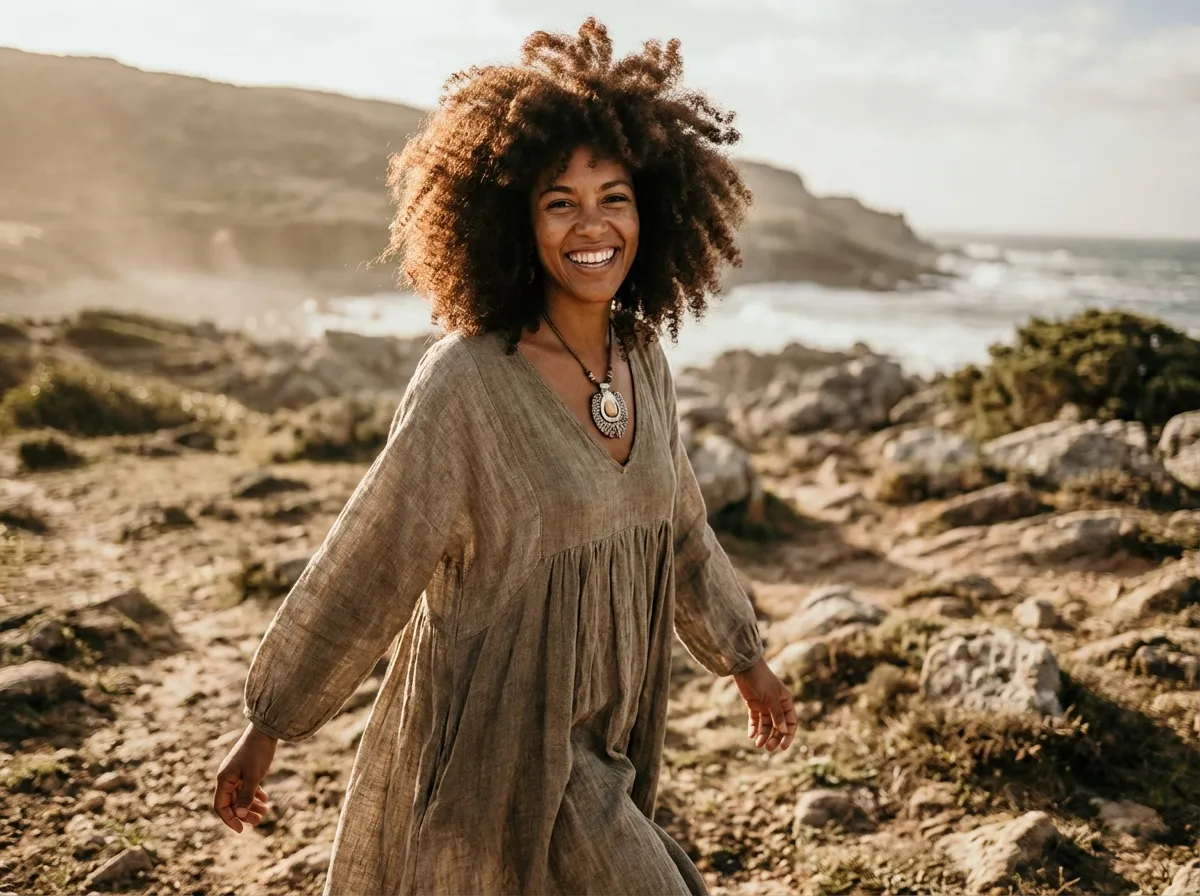 belle femme africaine sur plage stylée avec coloration légère cuivrée naturelle