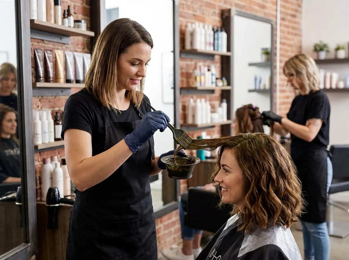 Application professionnelle coloration végétale sur cheveux bruns dans salon de coiffure