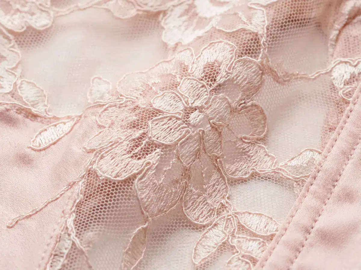 Détail de dentelle fine et soie ivoire sur une pièce de lingerie d'été rose poudré
