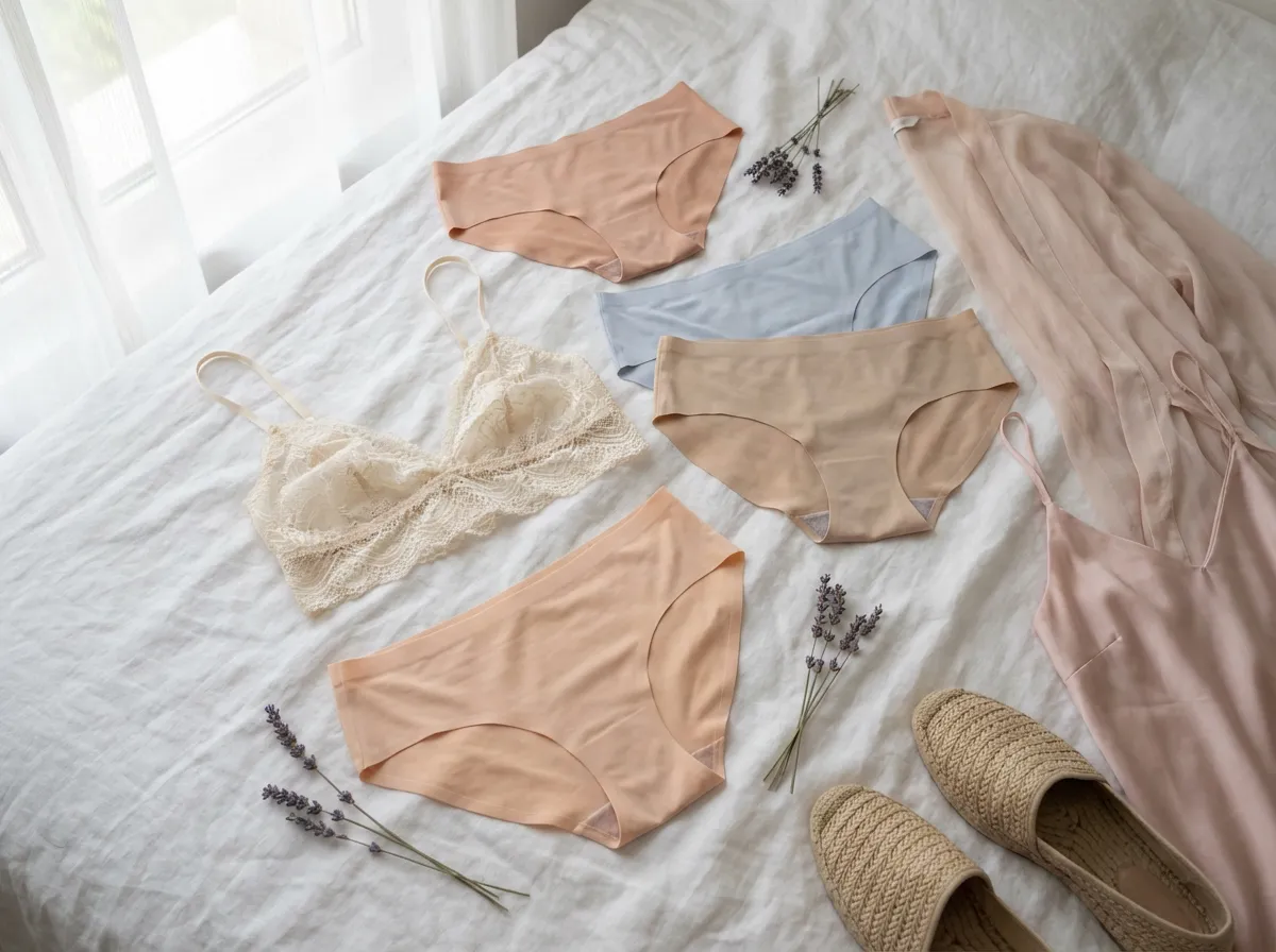 Sélection de lingerie d'été en tons nude et pastel sur fond de lin blanc — dentelle fine et microfibre légère
