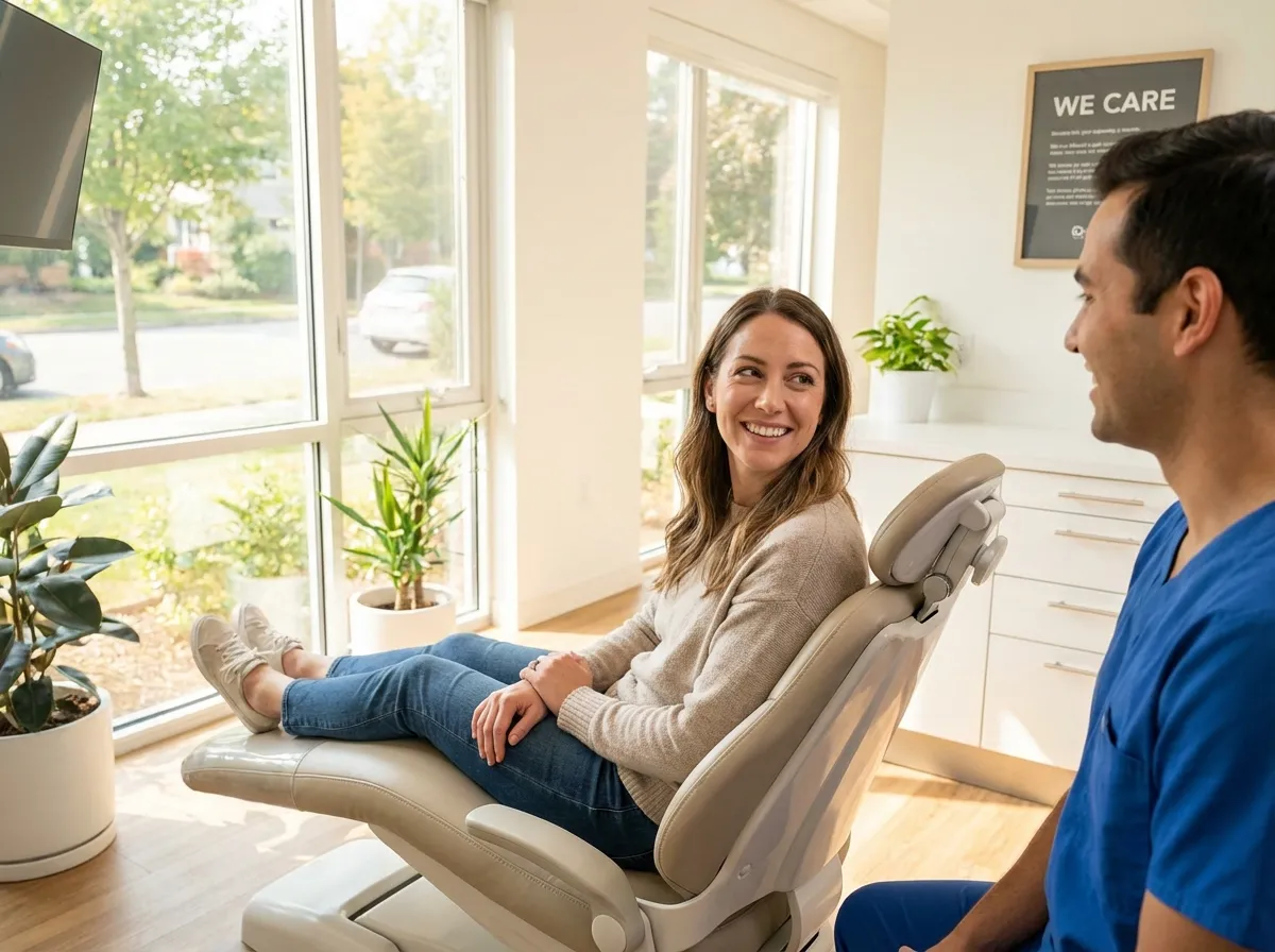 Femme souriante dans un cabinet dentaire moderne lors d'une consultation remboursée par le 100 % Santé