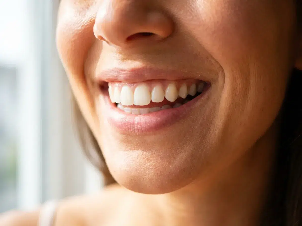 Sourire sain d'une femme illustrant l'importance des soins dentaires réguliers et du remboursement 100 % Santé