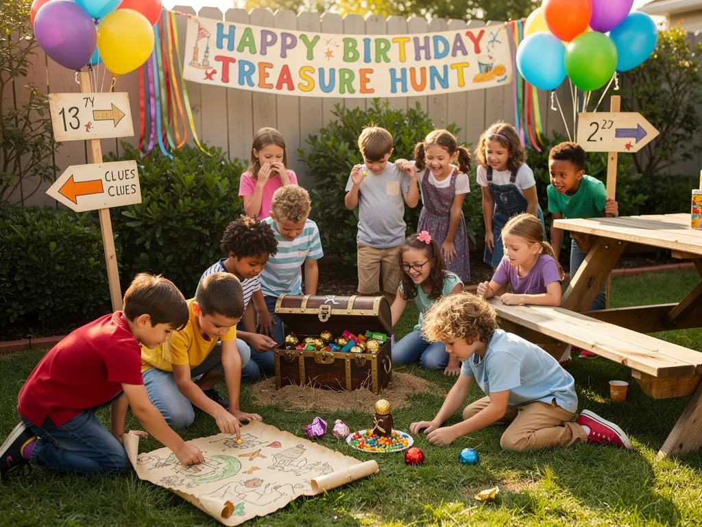 Jeunes enfants réunis dans jardin maison pour une chasse au trésor comme thème de fête d'anniversaire