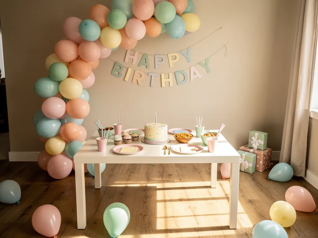 Décoration d anniversaire enfant avec table simple ballons pastel et ambiance chaleureuse facile à organiser pour fête à la maison