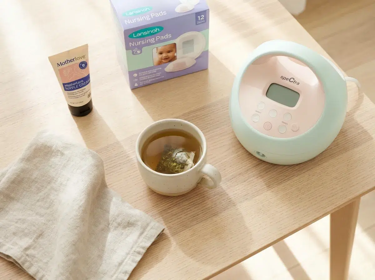 Produits essentiels pour l'allaitement : crème lanoline, coussinets et tire-lait
