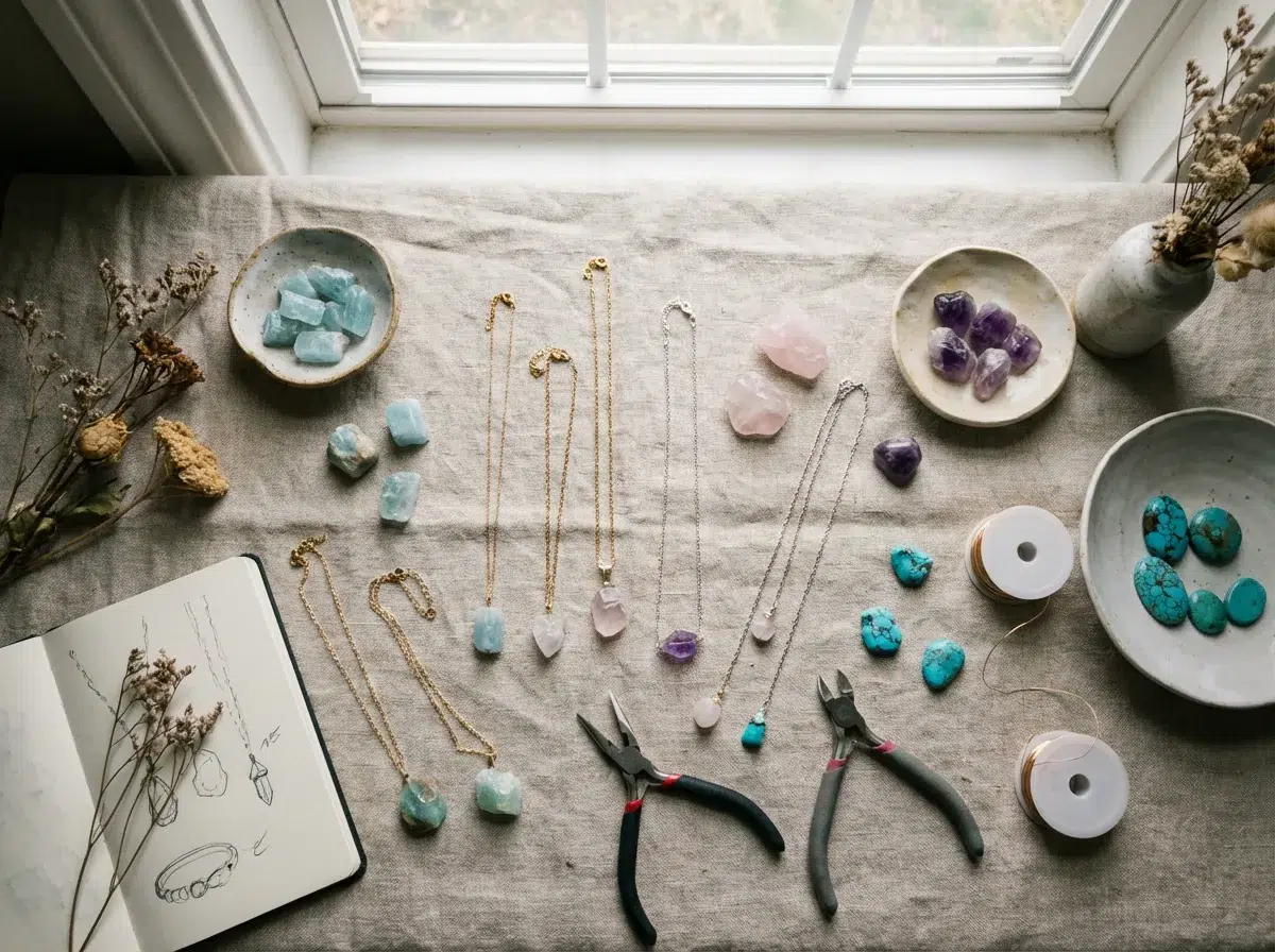 Bijoux artisanaux faits main sur tissu naturel — création manuelle pour boutique en ligne