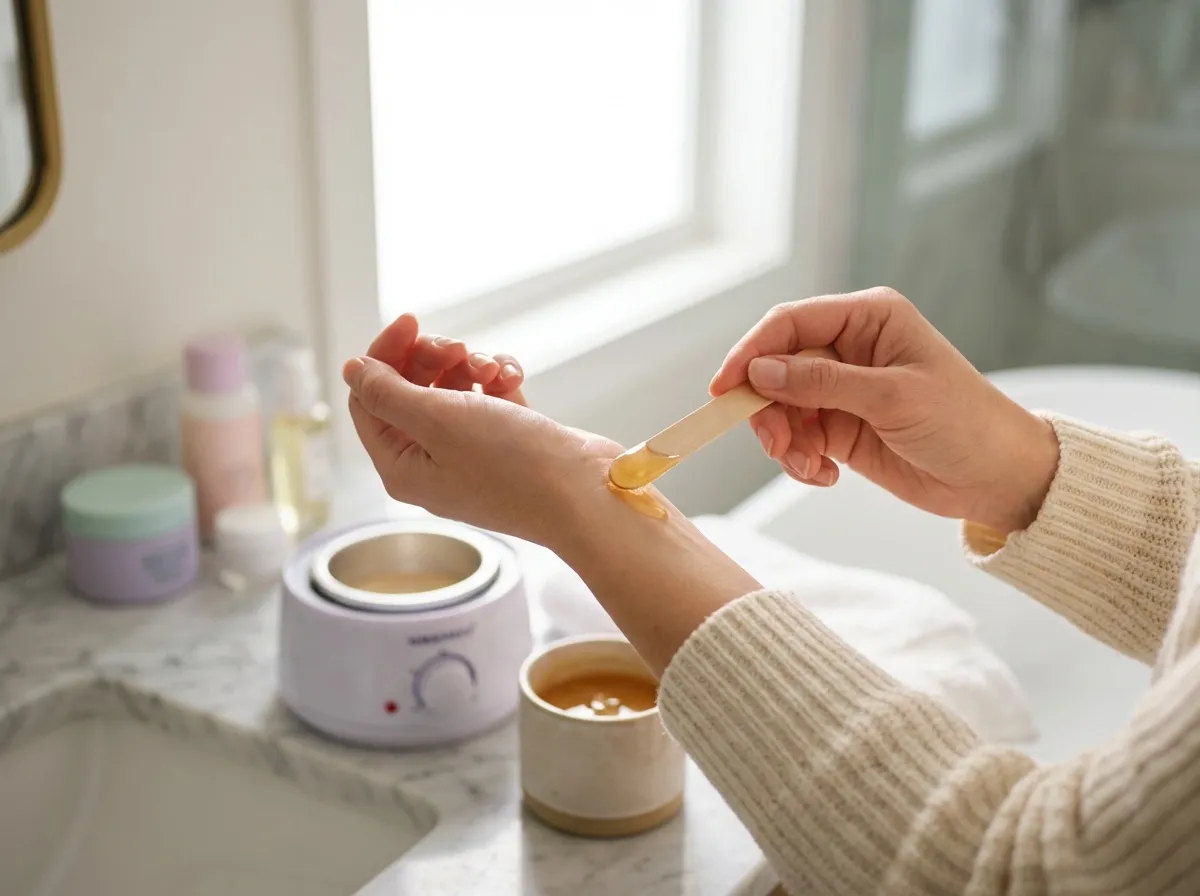 Femme testant la température de la cire d'épilation sur son poignet avant application pour éviter les brûlures